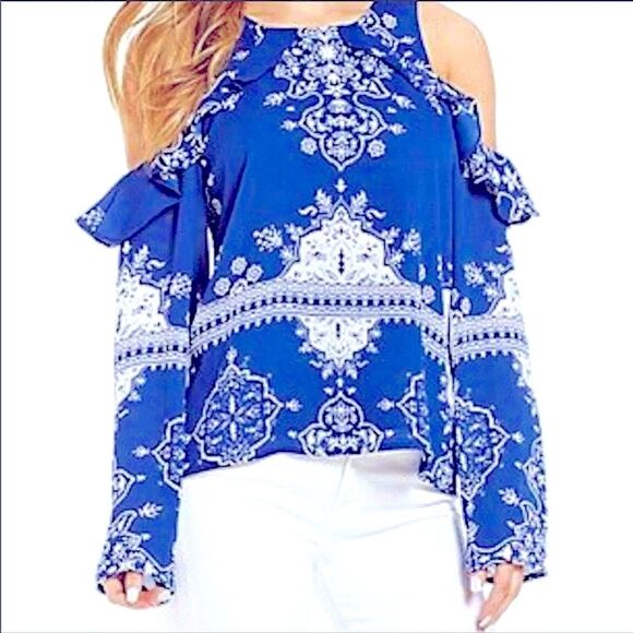 Lovers + Friends Blue Floral Cold Shoulder Semi Sheer Blouse NWT! size Small - Picture 1 of 9
